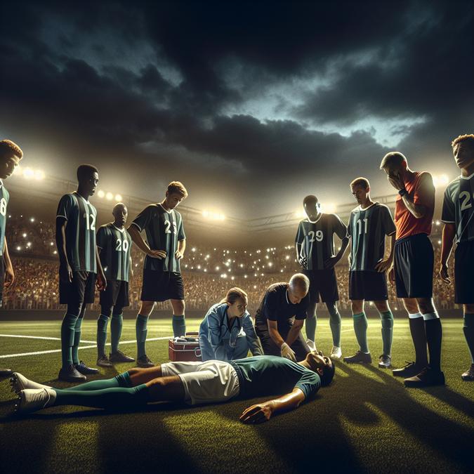 Pesepak bola Burundi tergeletak di lapangan dikelilingi rekan setim dan tim medis dalam suasana mencekam
